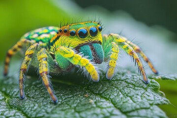 Fototapeta premium close-up of a vividly colored jumping spider perched on a green leaf, showcasing intricate patterns and textures, with a blurred background that emphasizes its striking features