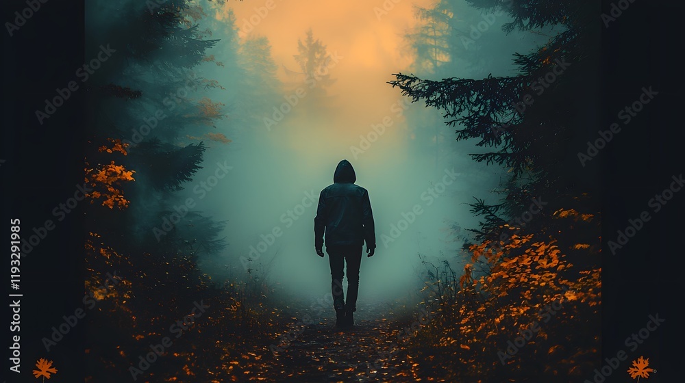 Poster mysterious figure walking through a foggy forest surrounded by autumn leaves and soft light, evoking