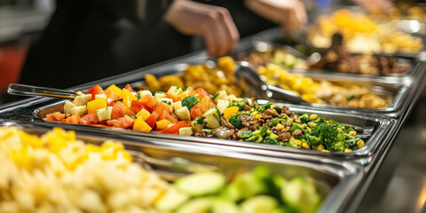Obraz premium Colorful buffet with diverse fresh food trays.