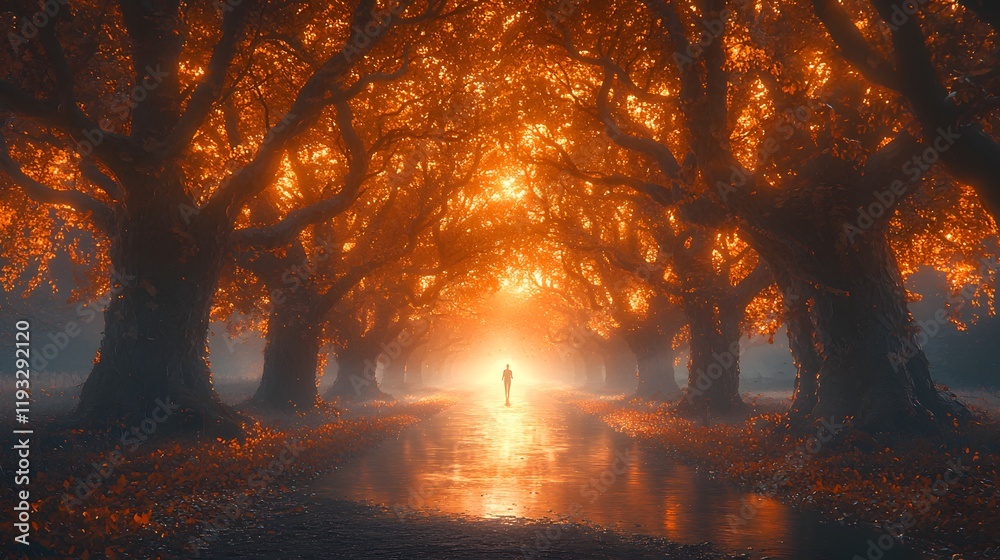 Poster Enchanting pathway through ancient trees illuminated by vibrant autumn foliage, creating a magical atmosphere filled with warm hues and serene beauty.