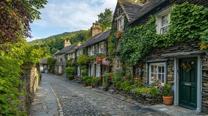 A picturesque village with cobblestone streets and ivy-covered cottages, radiating the halcyon charm of simpler times in a tranquil rural setting