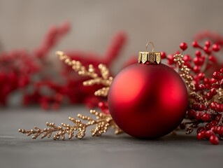 Red Christmas ornament with decorative branches.