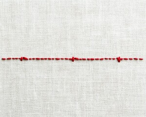 Red thread sewing pattern on a linen fabric.