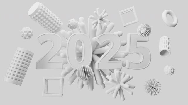 Black and white, monochrome loop animation of 2025 title in modern minimal style.