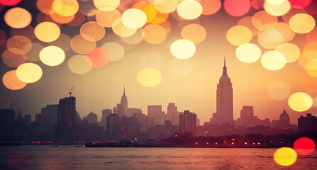 Fototapeta premium Abstract urban nightscape background with bokeh lights featuring a variety of bokeh lights in warm vintage tones