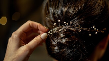 Fototapeta premium A hairstylist finishing a clientâ€™s updo with decorative hairpins, ensuring the look is both elegant and secure for a formal evening event