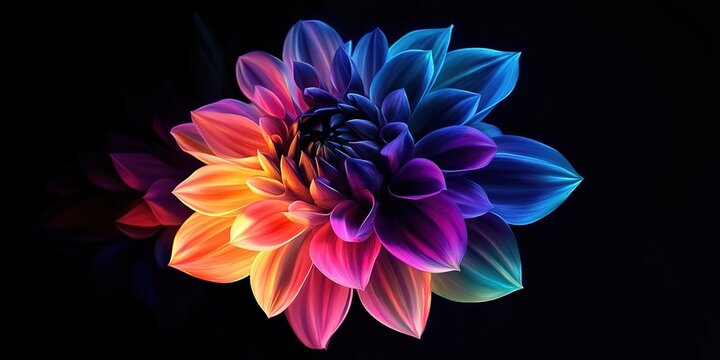 A vibrant dahlia flower with petals in shades of pink, purple, and blue on a black background