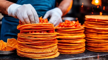 A chef skillfully assembling stacked tortillas with fresh ingredients at a vibrant street food stall, creating a delicious culinary masterpiece.