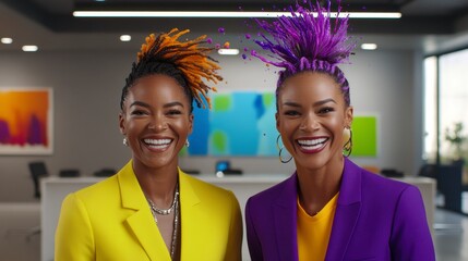 Two fashionable women with vibrant hairstyles and colorful suits posing joyfully in a modern office environment