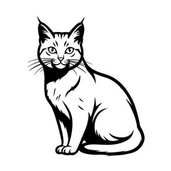 Obraz premium A cute cat sitting in a relaxed pose. The illustration is black and white, creating a classic and timeless feel. 