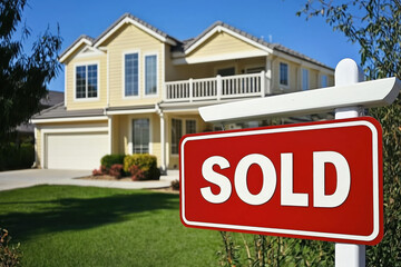 Fototapeta premium Sold Real Estate Sign with Residential Property