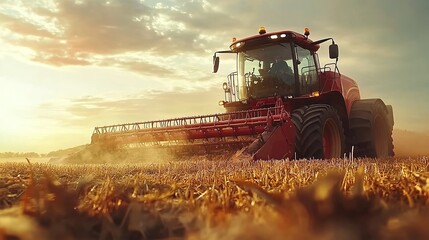 Obraz premium Cinematic shot of a harvester working in the field on a sunny day