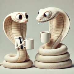 Anthropomorphic Snakes as Colleagues Sharing Coffee on a White Background