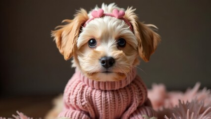 Adorable Puppy in Pink Knitted Sweater and Heart Headband