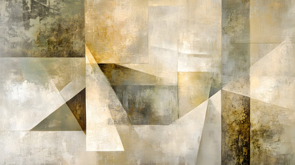 A textured abstract painting with overlapping geometric shapes in earthy tones like brown, beige, and olive green, accented by metallic gold highlights for added depth and sophistication 