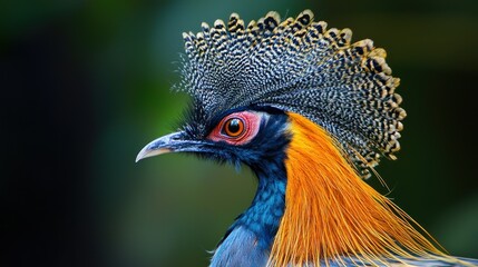 A close-up of a bird's hackles in vivid detail, highlighting the intricate patterns and colors of its defensive plumage