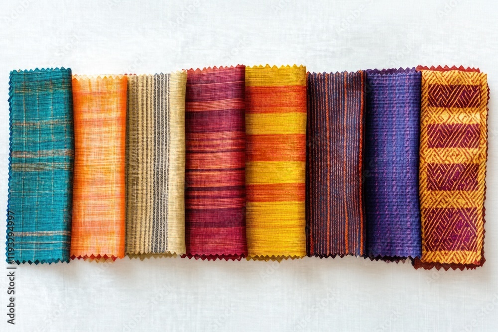 Poster flat lay of colorful fabric swatch symbolizing arranged neatly on smooth white surface