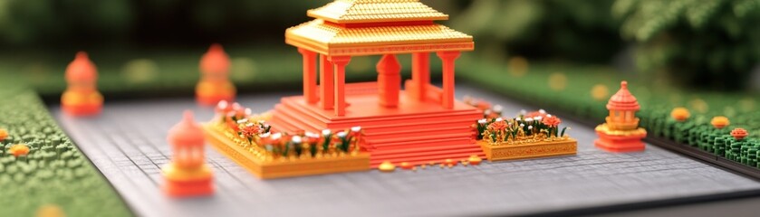 Naklejka premium Miniature Temple in a Garden Setting - A Vibrant Display of Architecture and Nature.