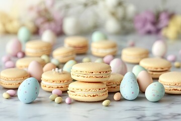 flat lay of easter-themed macarons and pastel eggs on marble surface