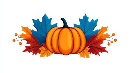 Naklejka premium Vibrant autumn pumpkin surrounded by colorful fall leaves and decorative berries in a cheerful seasonal composition