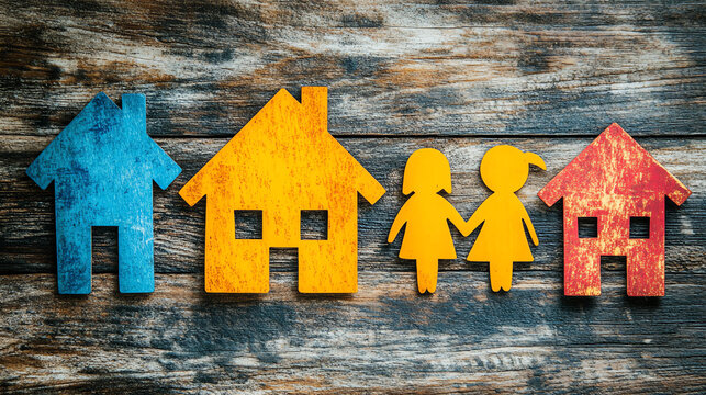 Cheerful family with house cutouts, casual attire, vibrant indoor setting, symbolizing firsttime homeowners