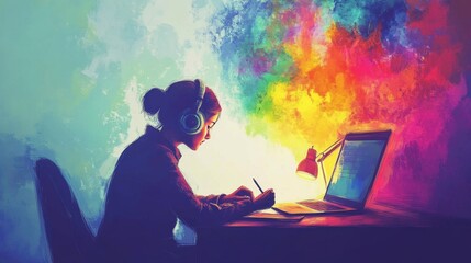 Creative Young Woman Wearing Headphones at Colorful Desk
