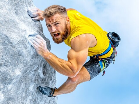 A climber in a yellow shirt ascends a rocky wall, showcasing strength and determination against a bright blue sky backdrop.