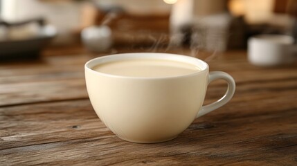 Obraz premium Steaming cup of tea on a rustic wooden table.