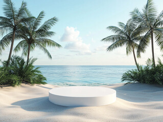 A serene beach scene with trees framing a circular white platform, surrounded by sand and tropical plants, with the ocean in the background.