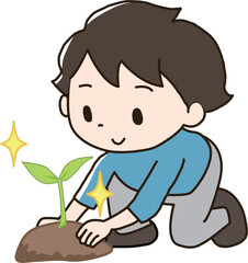 苗木を植える男の子
