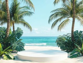 Fototapeta premium A serene beach scene with trees framing a circular white platform, surrounded by sand and tropical plants, with the ocean in the background.