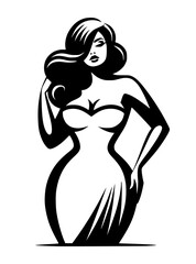 A vector silhouette of a stylish female model isolated on a white background.
