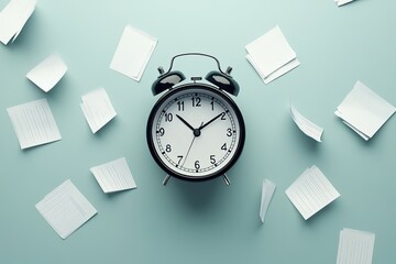 minimalist image of clock with scattered papers around symbolizing pressure of deadlines