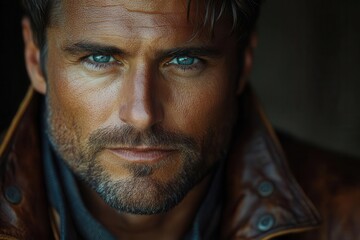 Fototapeta premium close-up shot of a man in a leather jacket, capturing the texture of the fabric and the intensity in his eyes, exuding a sense of confidence and style