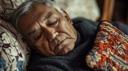 Obraz premium Resting quietly, an elderly man lays his head on a beautifully patterned pillow, his expression tranquil and relaxed.