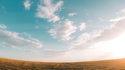 Obraz premium Vast open field beneath a bright blue sky, with soft white clouds scattered across the horizon. The golden glow of sunlight enhances the peaceful landscape