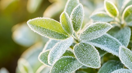 Dew-covered green leaves glistening in morning sunlight glow