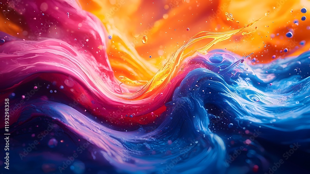 Poster vibrant abstract flow of colorful liquid paint, swirling and mixing in dynamic motion with bright or