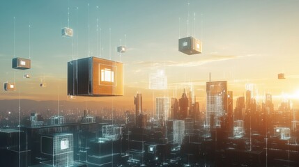 Futuristic Delivery System Over City Skyline