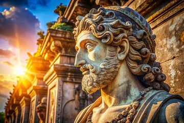 Ancient Stone Statue in Sunlight, Copy Space for Text, Right-Positioned