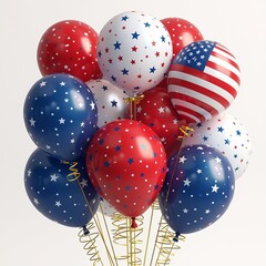 A cluster of glossy balloons in red, white, and blue, decorated with stars and stripes, celebrating Labor Day.