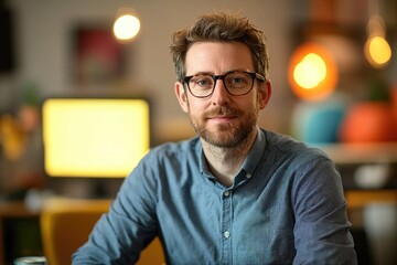 professional portrait of creative director in vibrant office seated at desk with glowing screen