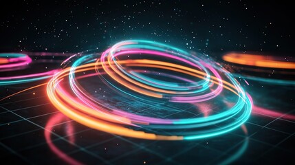 Obraz premium A retro-futuristic composition featuring glowing concentric circles in vibrant hues of cyan