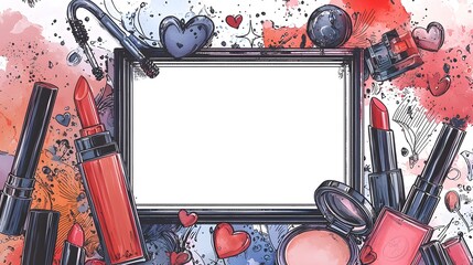 Vibrant Cosmetic-Themed Frame with Cartoon-Style Elements and Blank Space for Message