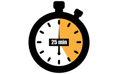 twenty five minutes stopwatch icon, 25 min waiting time vector illustration, stopwatch with 25 minutes	