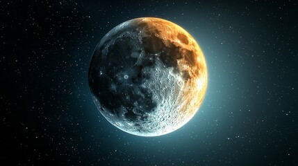 Obraz premium Half-lit moon in space, glowing orange and blue.