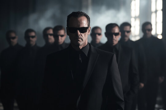 Mysterious group of men in dark suits and sunglasses in smoky atmosphere