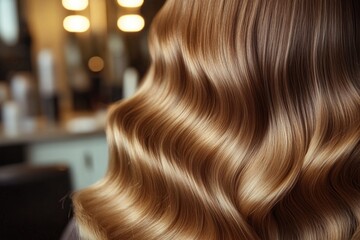 stylist showcasing blow-dried hairstyle with natural waves hair shine highlighted under salon lights