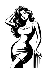 Obraz premium A vector silhouette of a stylish female model with long hair isolated on a white background.