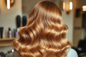 Fototapeta premium stylist showcasing blow-dried hairstyle with natural waves hair shine highlighted under salon lights